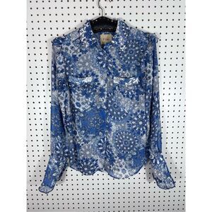 Elie Tahari Semi Sheer Blouse  Women's S  Blue Print Ruffle Shoulder Top Shirt